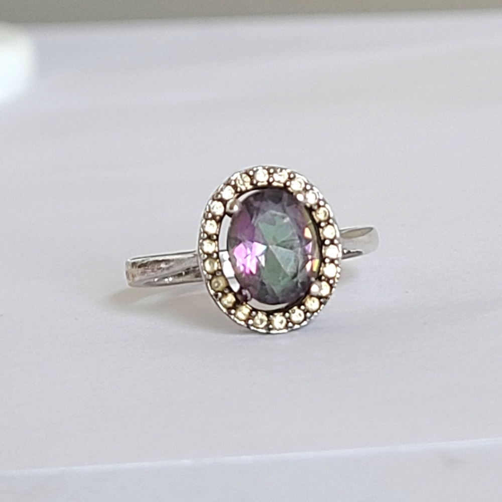 Vintage Boho Sterling Silver Purple Mystic Topaz Crystal Halo Oven Cocktail Ring